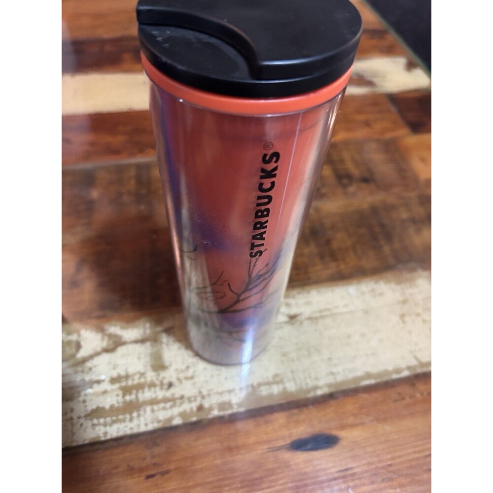 Starbucks Travel Mug Raven Design Plastic Orange Lid 16 oz Animal Theme